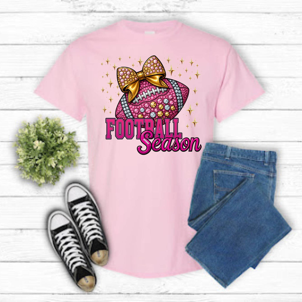 Pink Football Season Shirt | Rhinestone Bow Sparkle Football Tee | Game Day Glam T-Shirt | Bling Sports Mom Top | Bella Canvas 6400