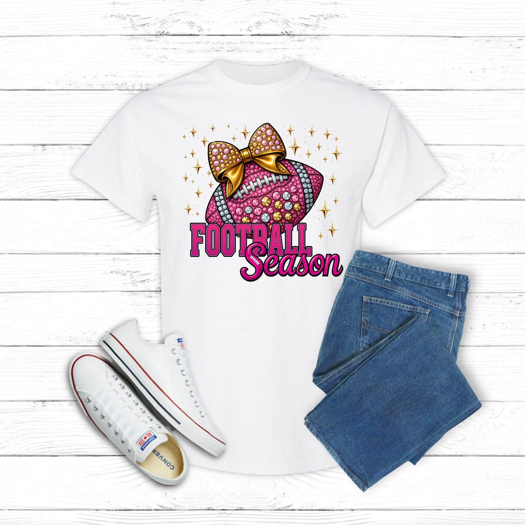 Pink Football Season Shirt | Rhinestone Bow Sparkle Football Tee | Game Day Glam T-Shirt | Bling Sports Mom Top | Bella Canvas 6400