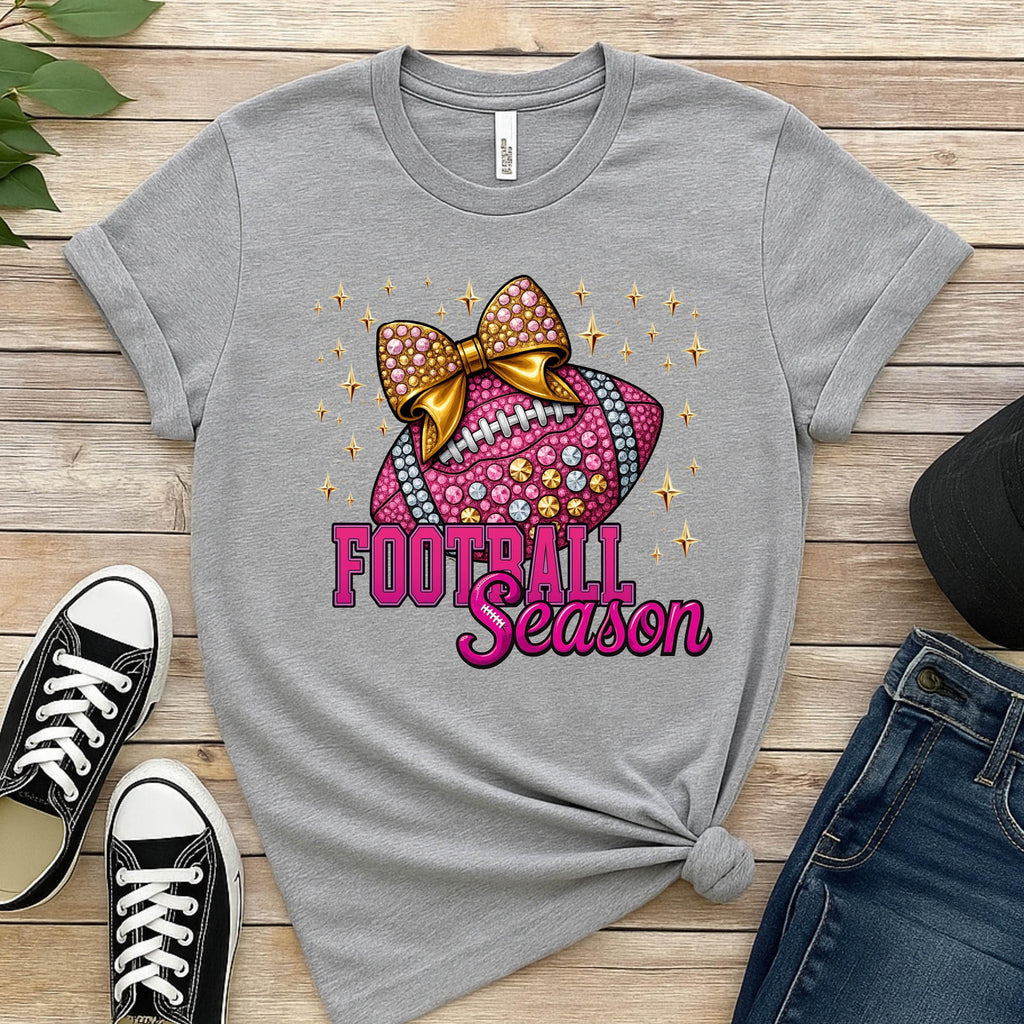 Pink Football Season Shirt | Rhinestone Bow Sparkle Football Tee | Game Day Glam T-Shirt | Bling Sports Mom Top | Bella Canvas 6400