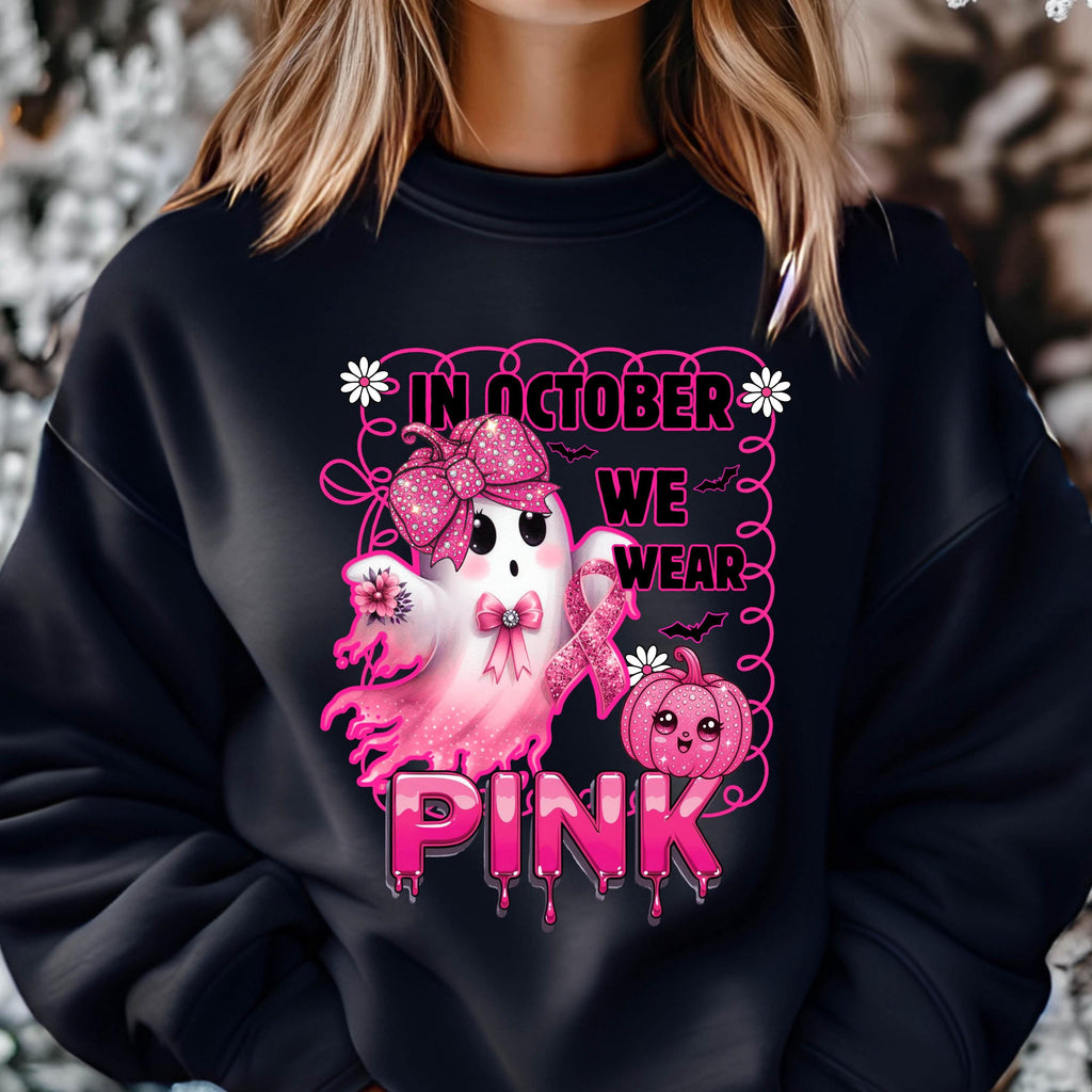 In October We Wear Pink Sweatshirt | Breast Cancer Awareness Ghost Crewneck | Cute Pink Ribbon Halloween Shirt | Gildan 18000