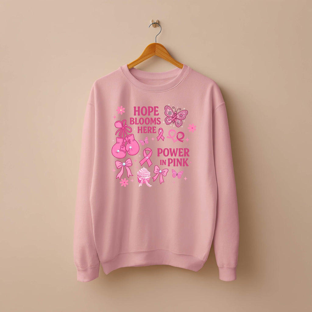 Hope Blooms Here Power in Pink Sweatshirt | Breast Cancer Awareness Crewneck | Pink Ribbon Support Shirt | Gildan 18000