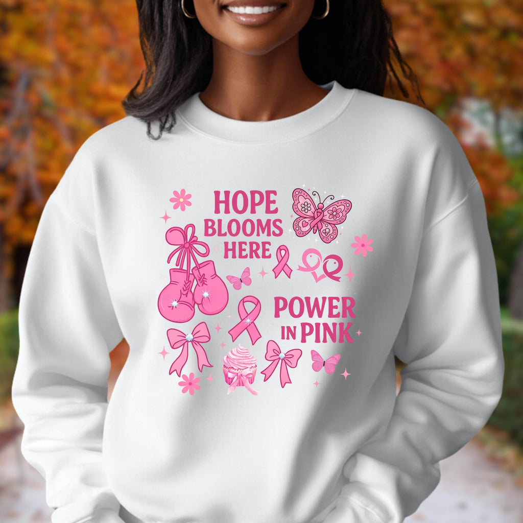 Hope Blooms Here Power in Pink Sweatshirt | Breast Cancer Awareness Crewneck | Pink Ribbon Support Shirt | Gildan 18000