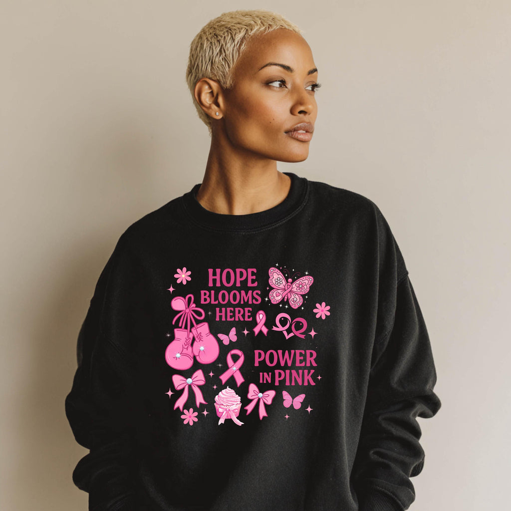Hope Blooms Here Power in Pink Sweatshirt | Breast Cancer Awareness Crewneck | Pink Ribbon Support Shirt | Gildan 18000