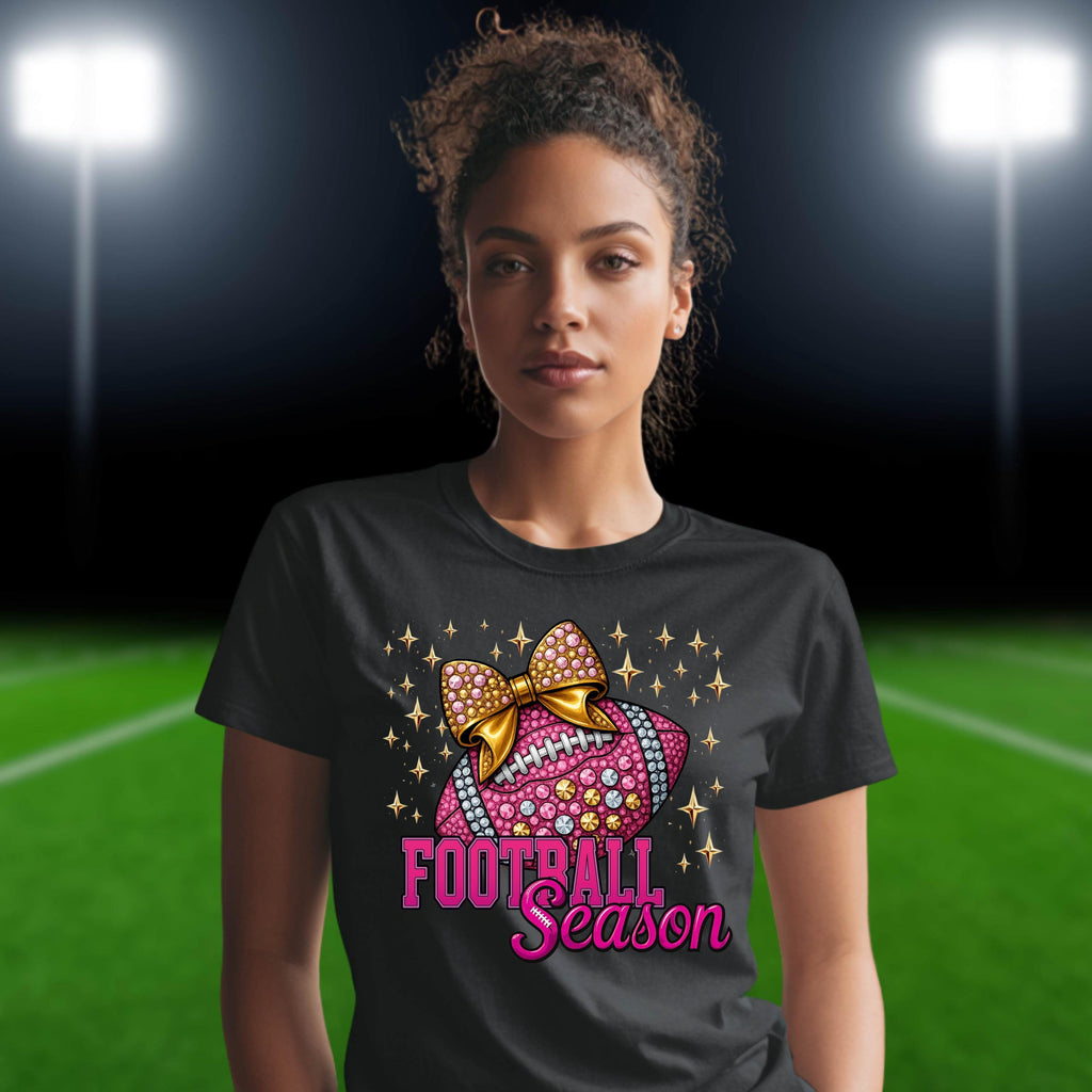 Pink Football Season Shirt | Rhinestone Bow Sparkle Football Tee | Game Day Glam T-Shirt | Bling Sports Mom Top | Bella Canvas 6400