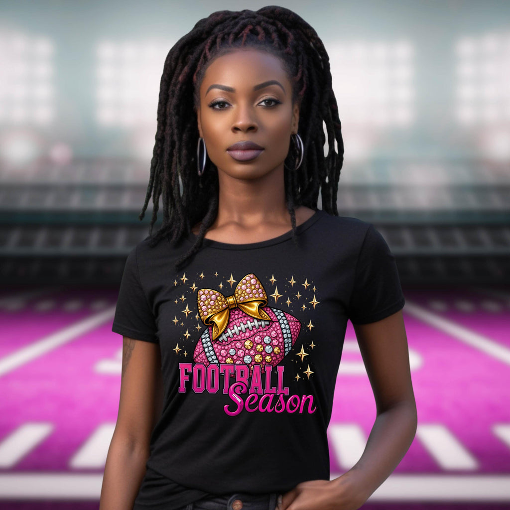 Pink Football Season Shirt | Rhinestone Bow Sparkle Football Tee | Game Day Glam T-Shirt | Bling Sports Mom Top | Bella Canvas 6400