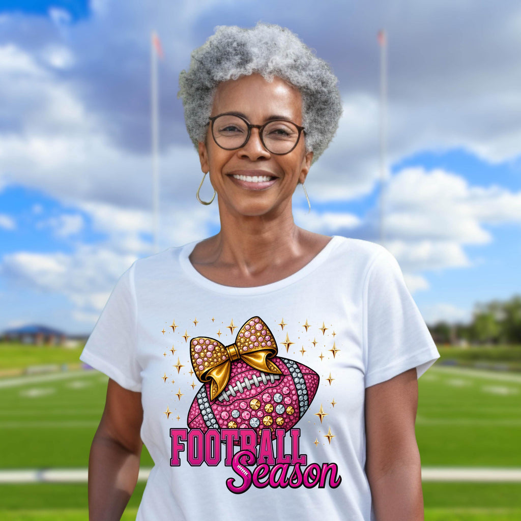 Pink Football Season Shirt | Rhinestone Bow Sparkle Football Tee | Game Day Glam T-Shirt | Bling Sports Mom Top | Bella Canvas 6400