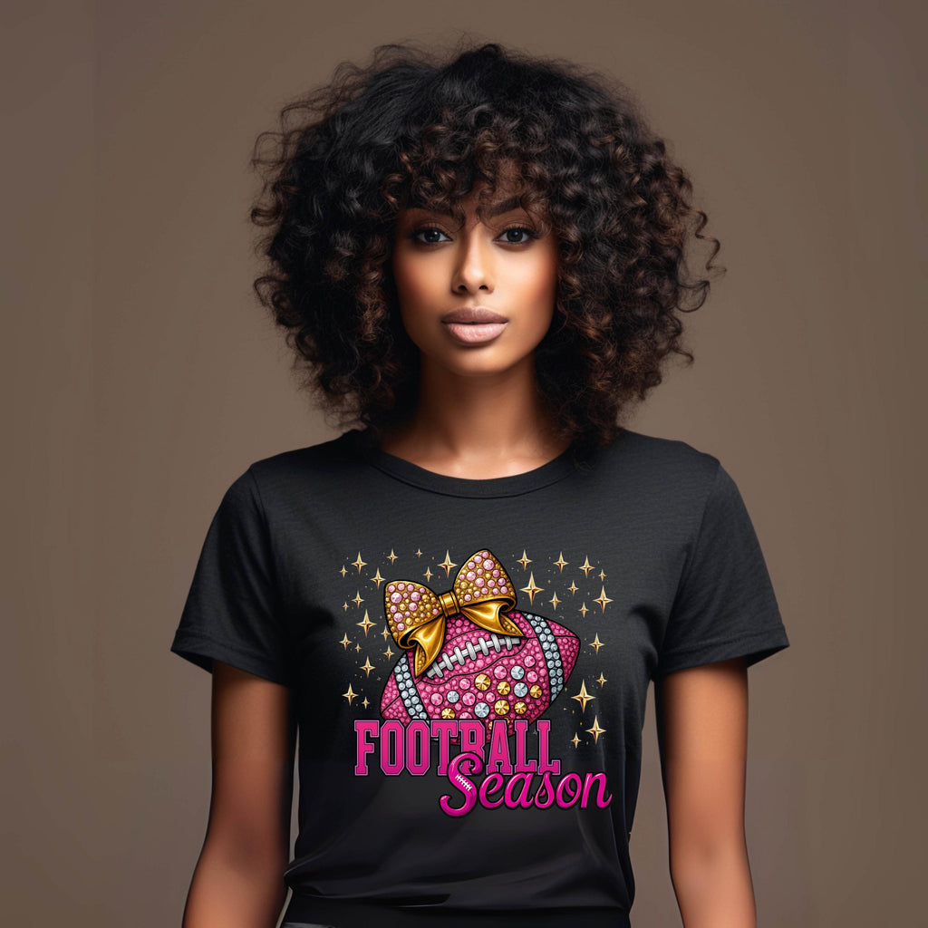 Pink Football Season Shirt | Rhinestone Bow Sparkle Football Tee | Game Day Glam T-Shirt | Bling Sports Mom Top | Bella Canvas 6400