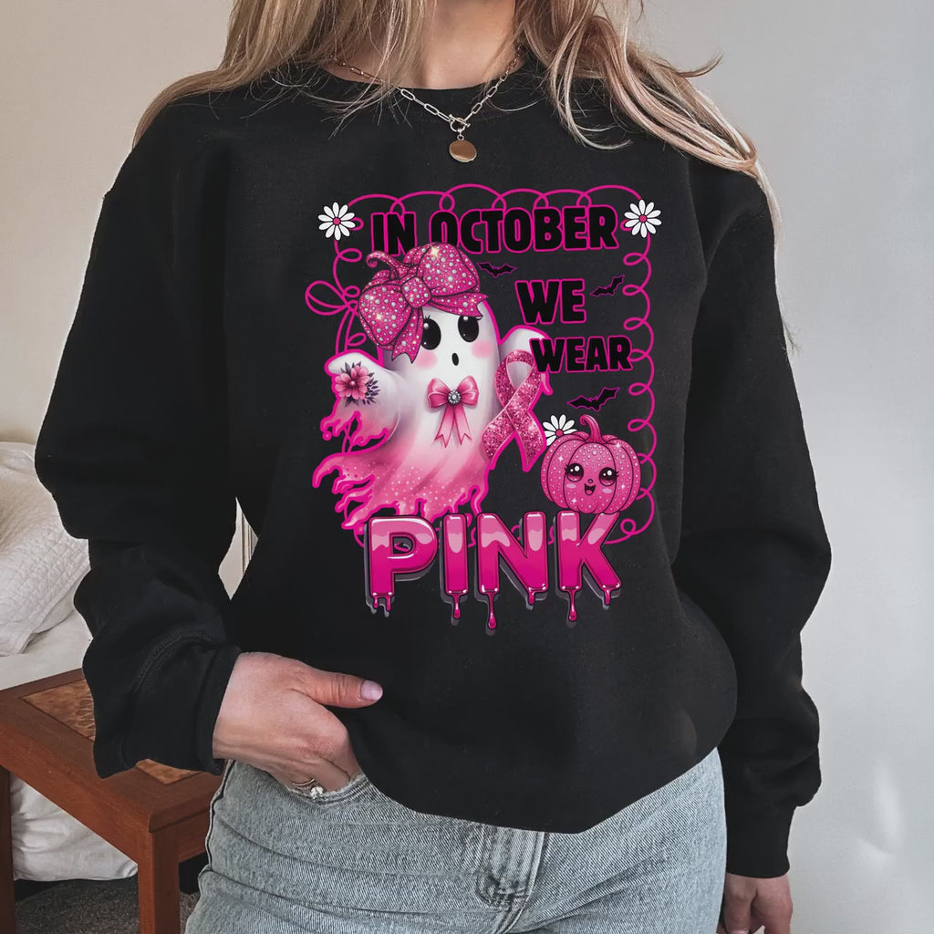 In October We Wear Pink Sweatshirt | Breast Cancer Awareness Ghost Crewneck | Cute Pink Ribbon Halloween Shirt | Gildan 18000