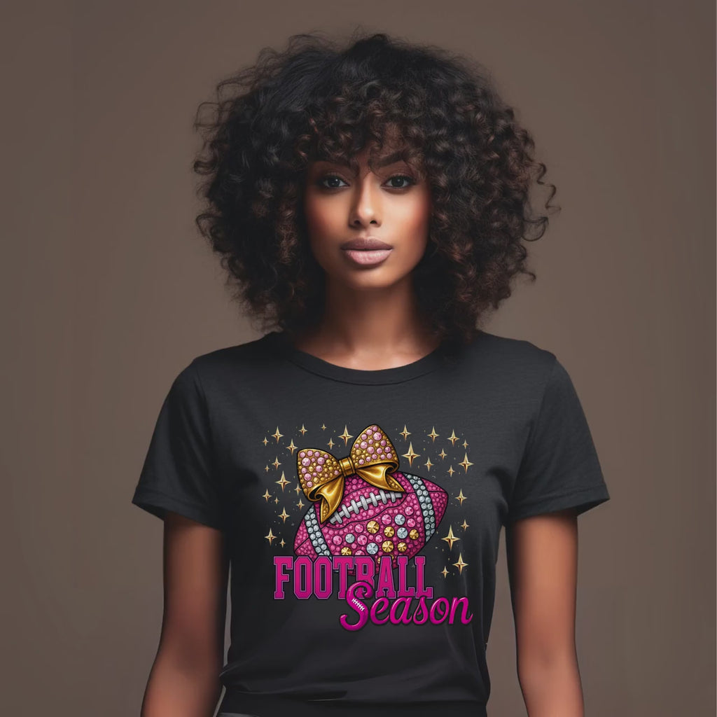 Pink Football Season Shirt | Rhinestone Bow Sparkle Football Tee | Game Day Glam T-Shirt | Bling Sports Mom Top | Bella Canvas 6400